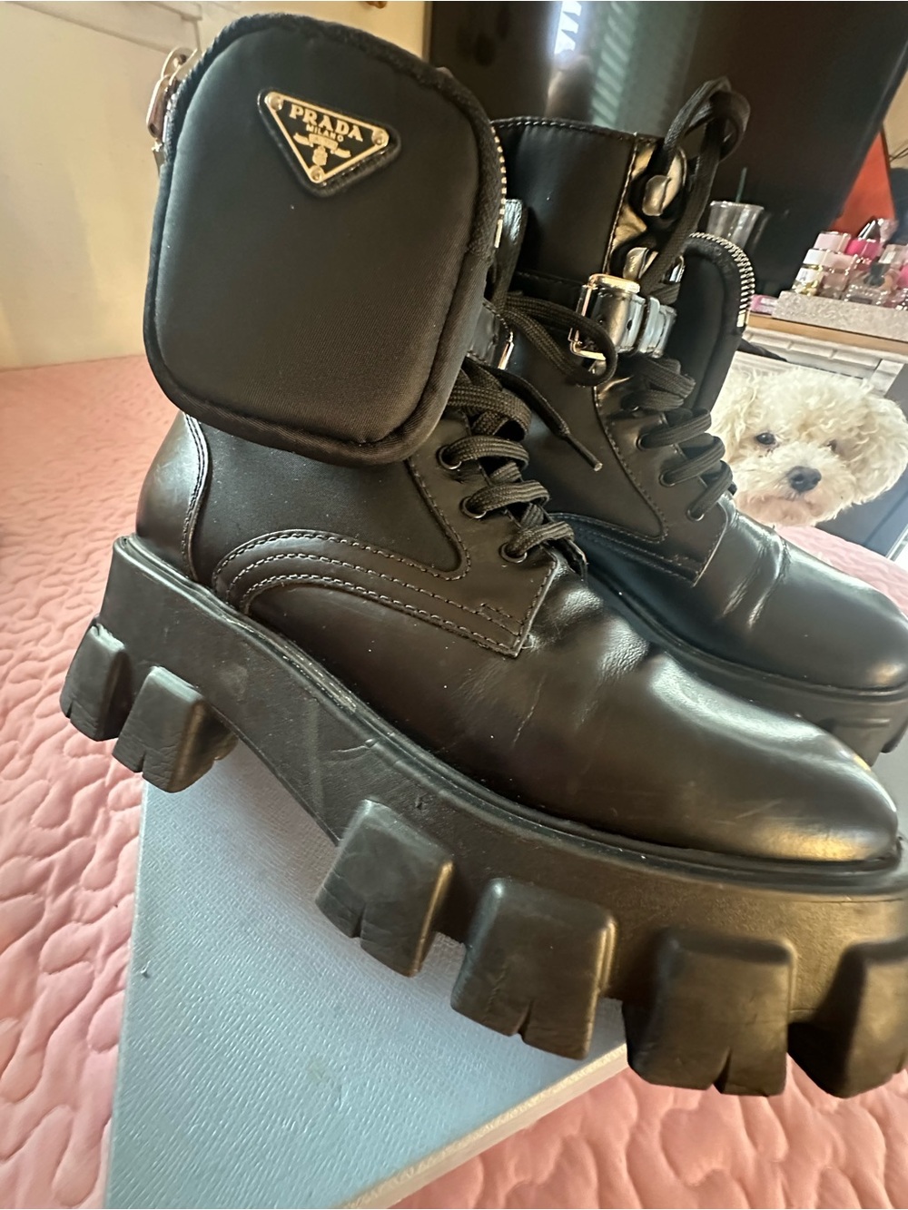 Prada Black Leather Lug-Sole Combat Boots with Detachable Logo Pouch